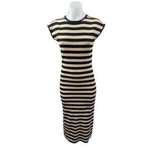 Zara Women's Black Cream Striped Knit Cap Sleeve Midi Sheath Bodycon Dress Sz S